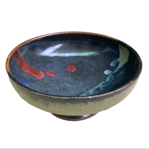 Artisan Hand-thrown Heavy Pedestal Pottery Bowl Drip Multicoloured Dish - Picture 5 of 7